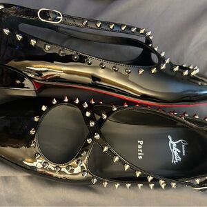 Christian Louboutin Black Patent Spike Mary Jane Flats with Red Sole Edge